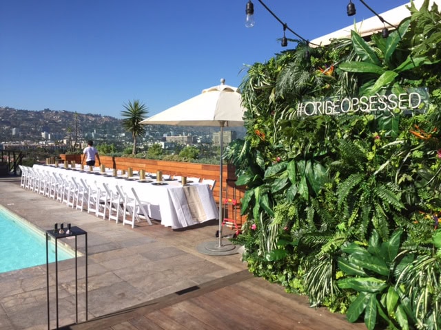 Poolside event with greenery wall and long table.