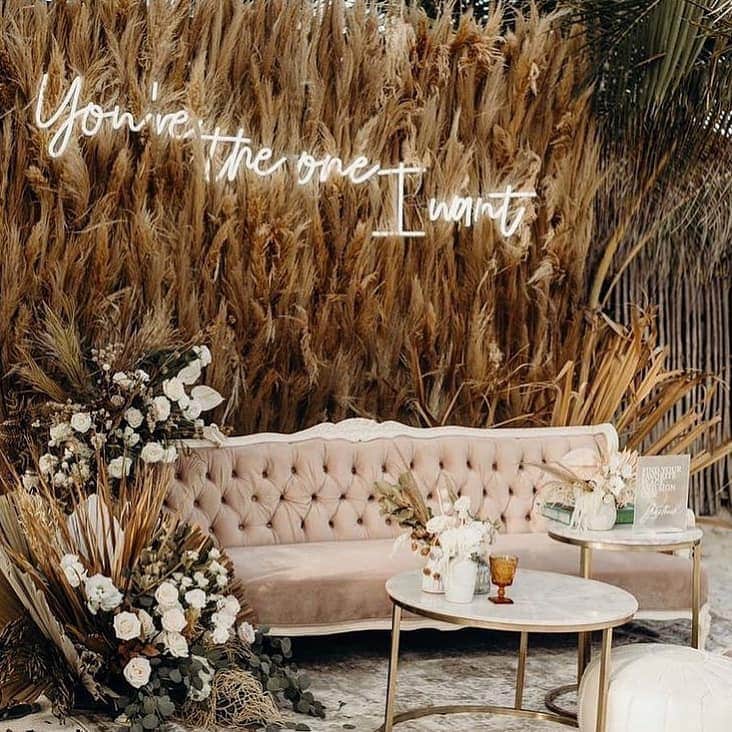 Wedding setting with flowers and a sofa