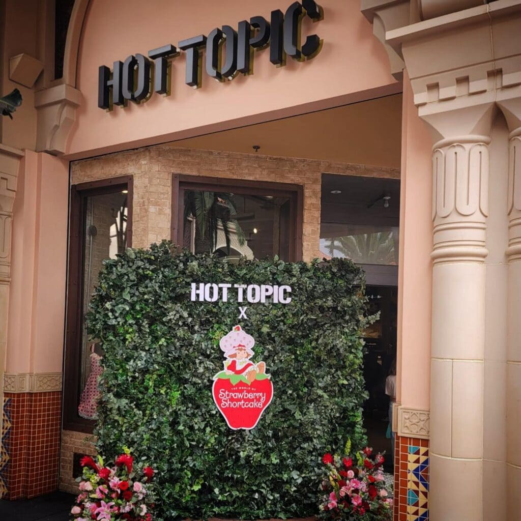 Hot Topic store front with Strawberry Shortcake display.
