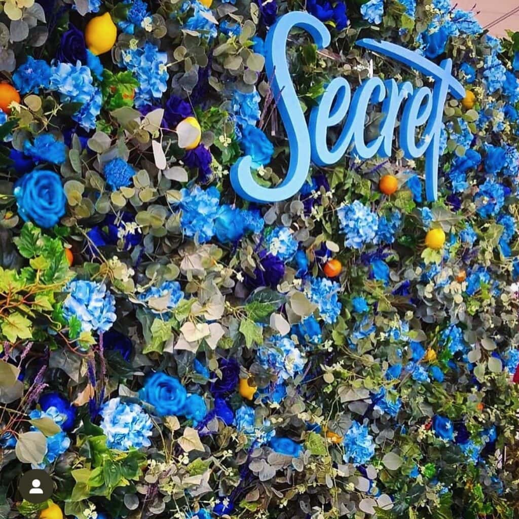 Blue and yellow floral Secret display wall.
